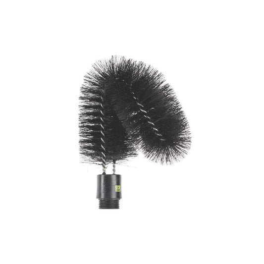 Eine schwarze, flexible, gedrehte ESD AUßENROHRBÜRSTE von Haug Bürsten KG mit dichten, antistatischen Nylonborsten (ø 0,30mm, weich), Gewindesockel aus Kunststoff und geschwungener Form wird vor einem weißen Hintergrund gezeigt. Größe: 190xø65x70mm.