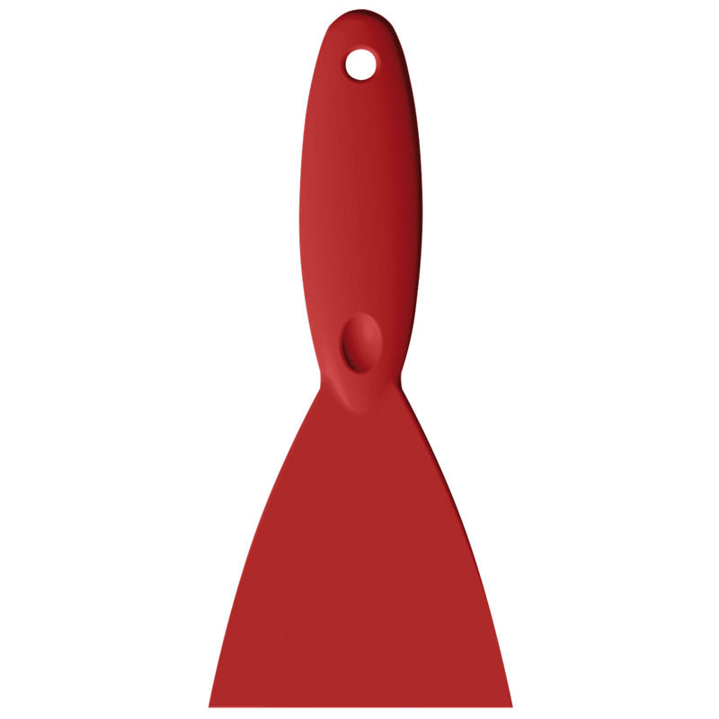 Das SPACHTEL,PP, 250x110X18MM von Haug Bürsten KG ist ein rotes Spachtelmesser mit breiter flacher Klinge und abgerundetem Griff mit Aufhängeloch, abgebildet auf weißem Hintergrund.