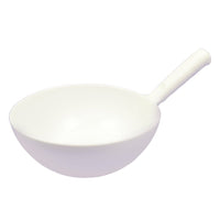 De RONDE SCHOPPEMMER 1,5 L van Haug Bürsten KG (360 x ø220 x 80 mm) is een witte, ronde porseleinen schaal met een recht handvat, ideaal voor het verwarmen en verdampen van vloeistoffen in het laboratorium.
