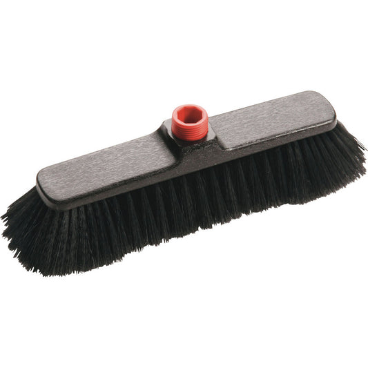 Der Haug Bürsten KG IN-UP BESEN hat einen schwarzen Besenkopf aus Polyester (290x45x57mm) mit weichen Borsten (ø0,18/0,20mm) und ein rotes Gewinde zur einfachen Befestigung des Stiels, ideal für eine effektive Reinigung.