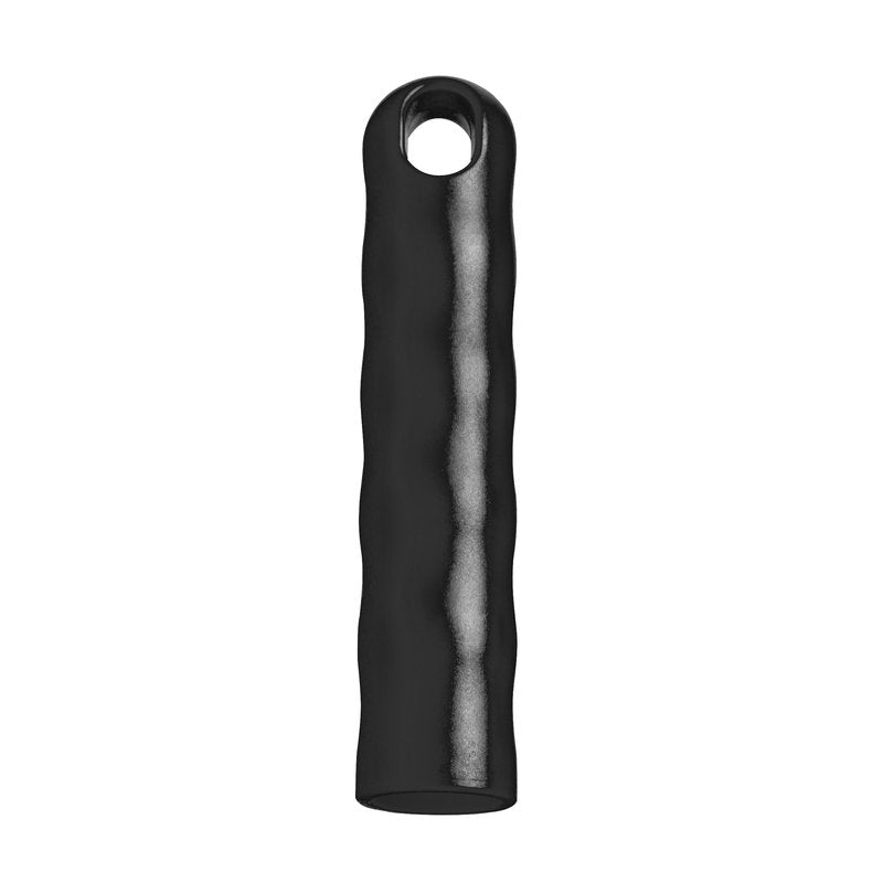 Un "CAPUCHON DE SUSPENSION POUR TOUS LES MANCHES AVEC UN DIAMÈTRE EXTÉRIEUR DE 22MM, NOIR" cylindrique noir de Haug Bürsten KG avec une surface ondulée, un fond creux et ouvert et un trou rond près de la pointe. Idéal pour le rangement des outils ; illustré sur fond blanc.