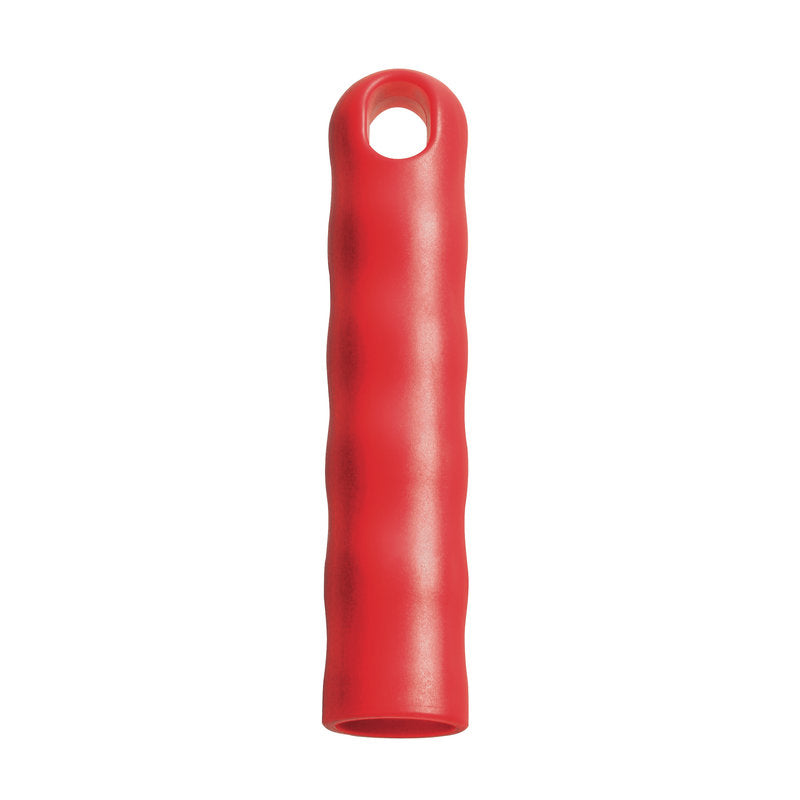 La capuchon suspendu rouge cylindrique POUR TOUS LES MANCHES AVEC DIAMÈTRE EXTÉRIEUR 22MM, 125X24MM de Haug Bürsten KG a une poignée structurée et un capuchon suspendu avec un trou à une extrémité ; elle est représentée verticalement sur un fond blanc.