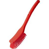 La BROSSE UNIVERSELLE, LARGE, 295 x 40 x 23 mm de Haug Bürsten KG est une brosse de nettoyage en plastique rouge dotée d'un long manche et de poils coudés, idéale comme outil de nettoyage, représentée sur fond blanc.