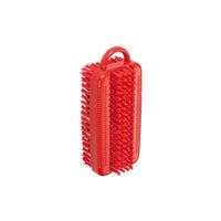 De DUBBELE NAGELBORSTEL, ø 0,35 mm, MIDDEL/HARD van Haug Bürsten KG is een rode, rechthoekige nagelborstel met middelharde borstelharen en een afgeronde handgreep, ideaal voor het reinigen van nagels en nagelriemen. Afgebeeld tegen een witte achtergrond.