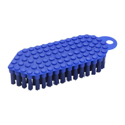 De blauwe FLEXO-BORSTEL (ø 0,35MM MEDIUM, 190x70x25 mm) van Haug Bürsten KG heeft een gestructureerd handvat met ophanggat en stijve borstelharen, afgebeeld tegen een witte achtergrond.