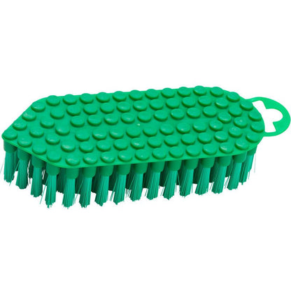 De Haug Bürsten KG FLEXO-BORSTEL, ø 0,35MM MEDIUM (190x70x25 mm) is een groene schrobber met stijve borstelharen en een gestructureerd, ovaal kunststof handvat met cirkelvormige verhogingen en een open ophangoog.