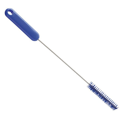 La BROSSE À TUBES, PBT DUR, 305XØ15X80MM de Haug Bürsten KG a une poignée en plastique bleue, une longue tige métallique et des poils durs en PBT bleus durables en forme cylindrique - idéal pour un nettoyage efficace des tuyaux.