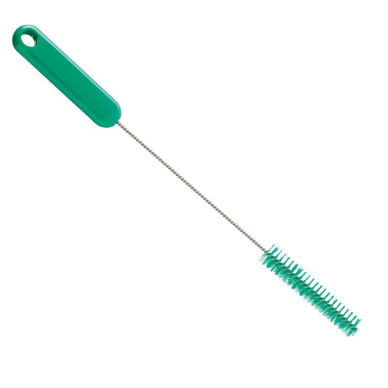La Haug Bürsten KG BROSSE À TUBES, PBT DUR, 305XØ15X80MM dispose d'une poignée en plastique verte, d'une longue tige torsadée et de courts poils cylindriques verts en PBT dur - idéal pour un nettoyage efficace des tuyaux.