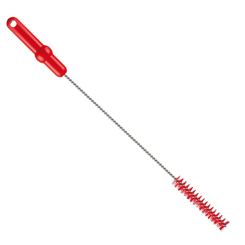 De ROHRBÜRSTE, ø 0,50MM HART 500Xø 20MM van Haug Bürsten KG heeft een rood kunststof handvat met ophanggat, een gedraaide metalen steel en stevige cilindrische borstelharen - ideaal als reinigingsborstel voor grondige reiniging.