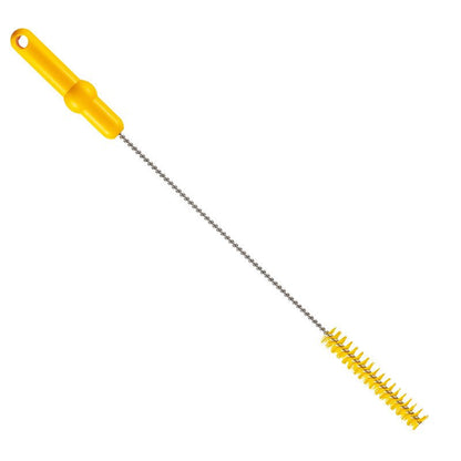 De Haug Bürsten KG ROHRBÜRSTE, ø 0,50MM HART 500Xø 20MM heeft een geel handvat, een lange metalen steel en spiraalvormige gele borstelharen - perfect voor het reinigen van buizen en smalle containers.