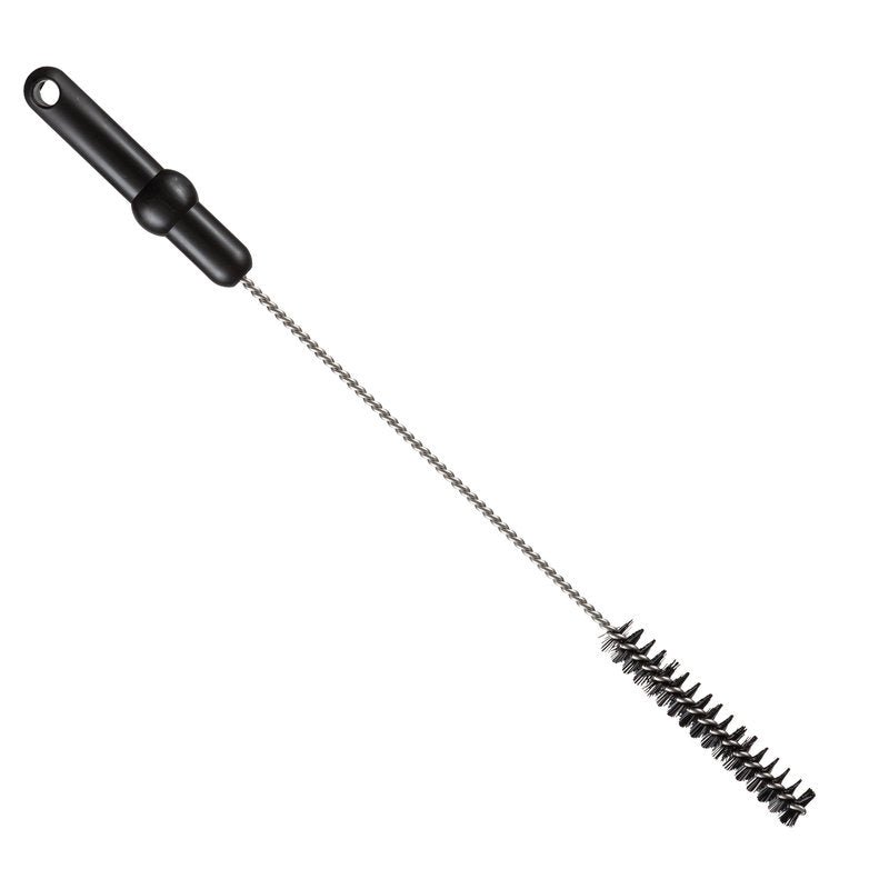 De Haug Bürsten KG ROHRBÜRSTE, ø 0,50MM HART 500Xø 20MM, is een cilindrische reinigingsborstel met stijve zwarte borstelharen, een gedraaide metalen schacht en een zwart kunststof handvat met ophanggat - perfect voor efficiënte buisreiniging.