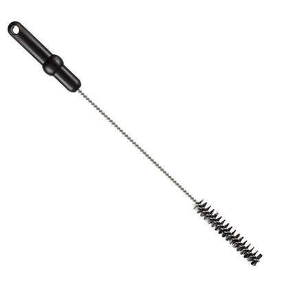 De Haug Bürsten KG ROHRBÜRSTE, ø 0,50MM HART 500Xø 20MM, is een cilindrische reinigingsborstel met stijve zwarte borstelharen, een gedraaide metalen schacht en een zwart kunststof handvat met ophanggat - perfect voor efficiënte buisreiniging.