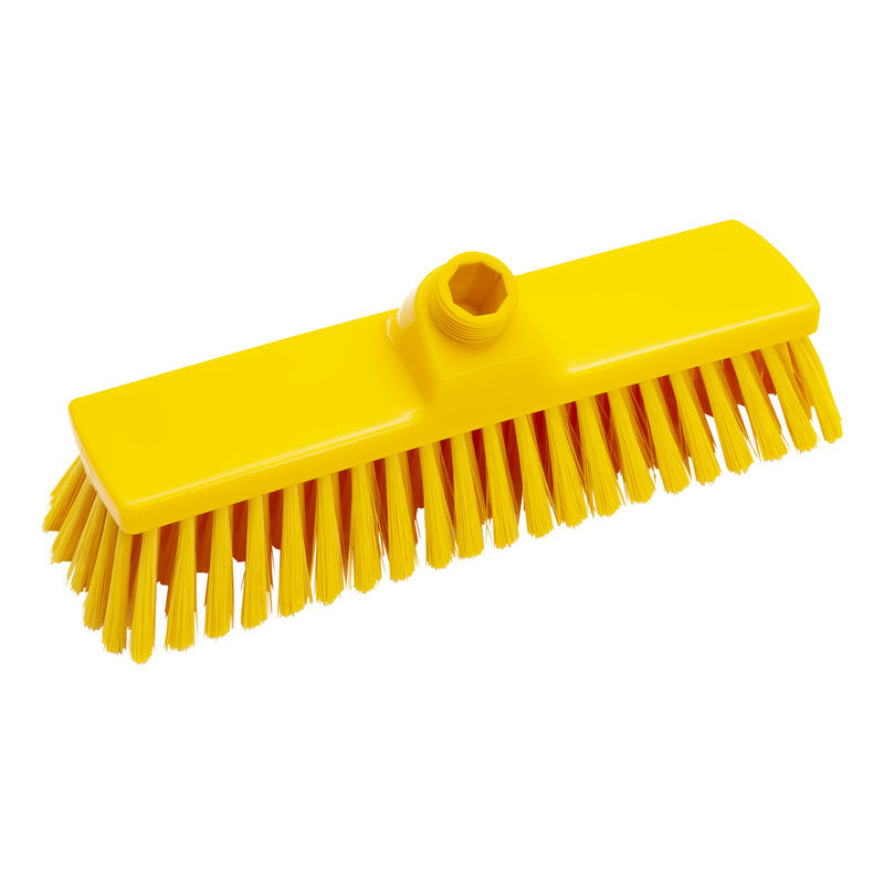 Der Haug Bürsten KG BESEN, PBT WEICH 300X70X50MM, UNGESCHLITZT ist ein strapazierfähiger gelber Bürstenkopf mit weichen synthetischen Borsten und einem zentralen Befestigungsloch, der für eine effektive Bodenreinigung konzipiert ist.