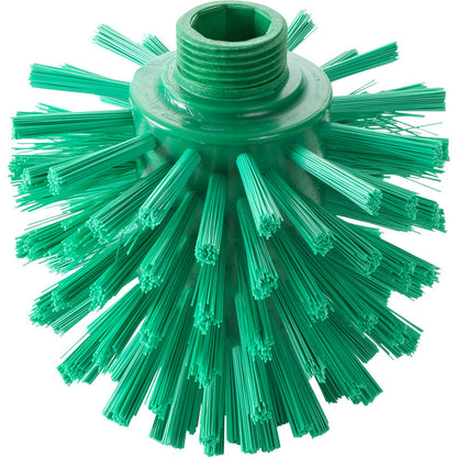 La BROSSE DE LOUP, ø 0,50 DUR, 135 x ø 120 mm de Haug Bürsten KG est une tête de brosse ronde verte avec des poils en plastique rigides et un trou fileté - parfaite comme brosse de nettoyage industriel pour les tâches difficiles.