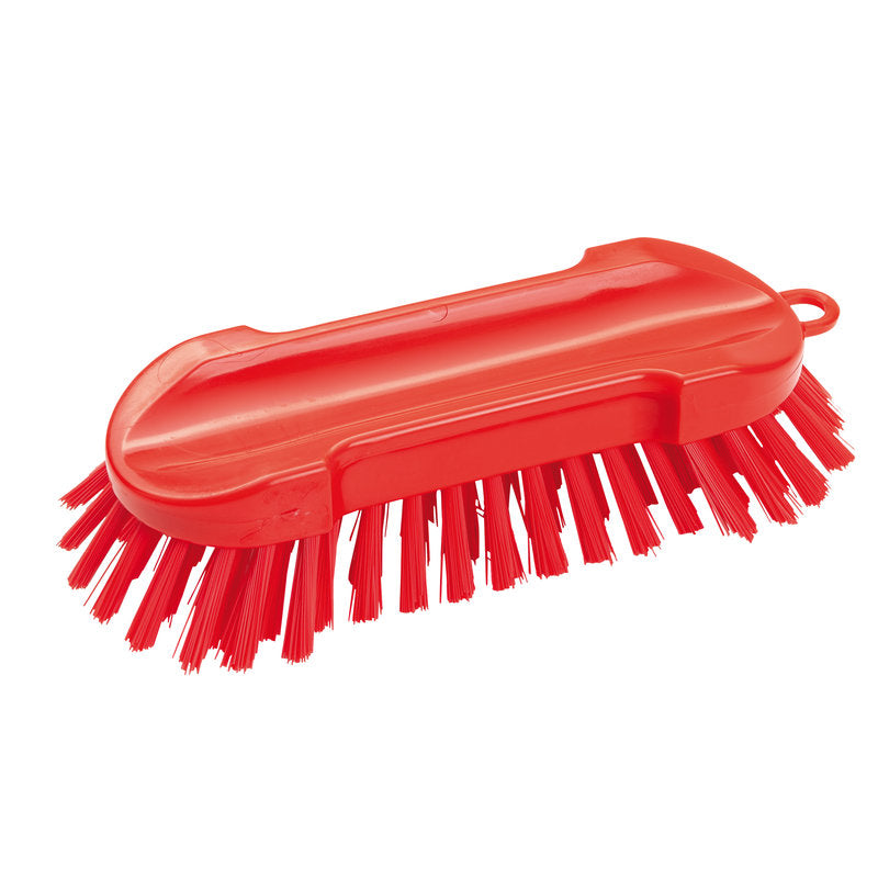 La BROSSE RONDE, DURE 205X65X30MM de Haug Bürsten KG est une brosse en plastique rouge avec des poils rigides et une sangle de poignée, illustrée sur fond blanc.