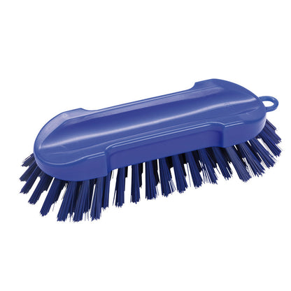 La BROSSE RONDE, DURE 205X65X30MM de Haug Bürsten KG, un balai en plastique bleu avec des poils durs et une poignée incurvée, est illustrée sur fond blanc - idéale pour les tâches de nettoyage.