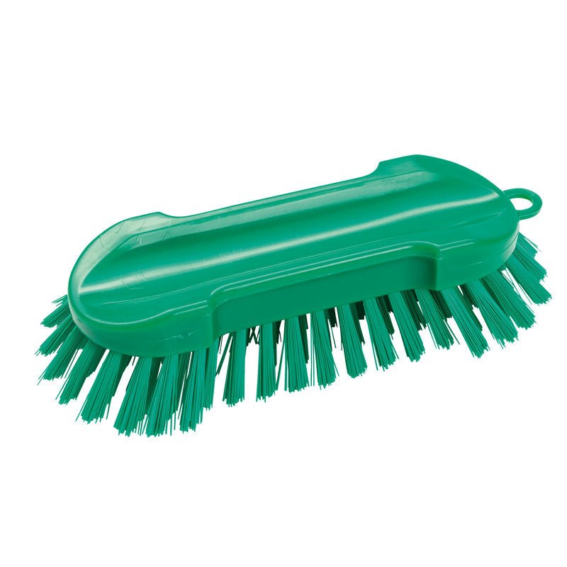 De WASBORSTEL ROND van Haug Bürsten KG heeft harde borstelharen van PBT hard, een gebogen groene kunststof handgreep en meet 205x65x30mm, afgebeeld op een witte achtergrond.