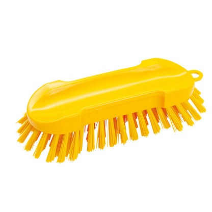 La BROSSE RONDE, DURE 205X65X30MM de Haug Bürsten KG est un balai en plastique jaune avec des poils durs sur le dessous et les côtés, idéal pour le nettoyage de diverses surfaces.