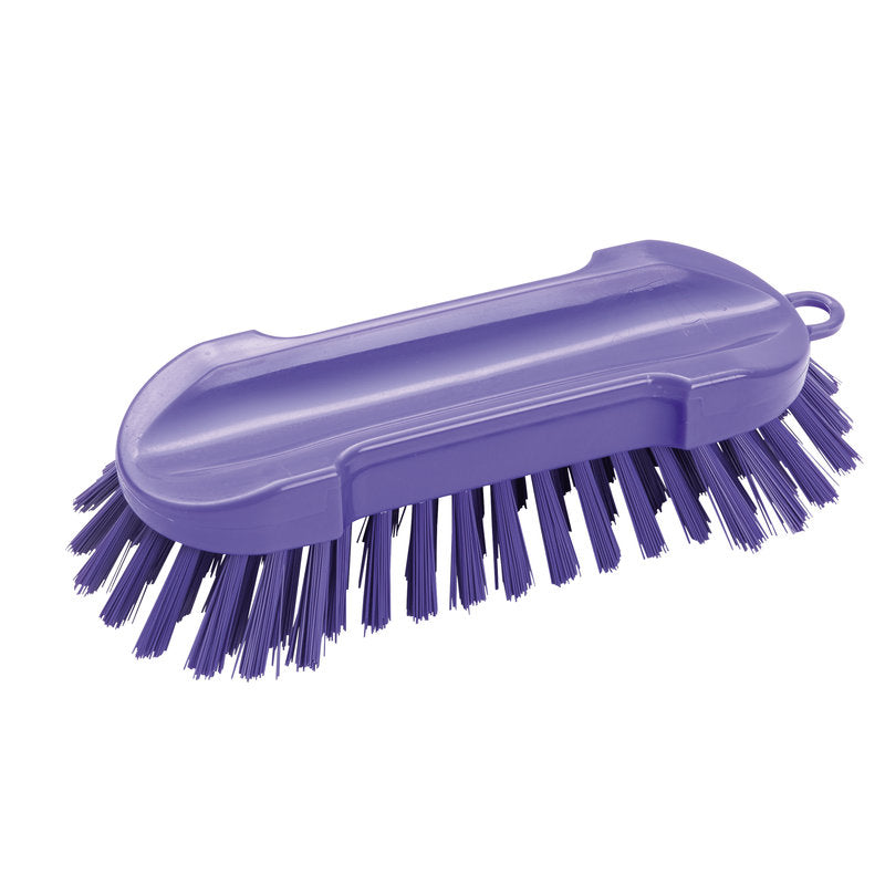 La BROSSE RONDE, DURE 205X65X30MM de Haug Bürsten KG est une brosse violette avec des poils durs, une poignée ergonomique en plastique et un œillet de suspension. Elle est idéale pour un nettoyage en profondeur et est montrée sur un fond blanc.