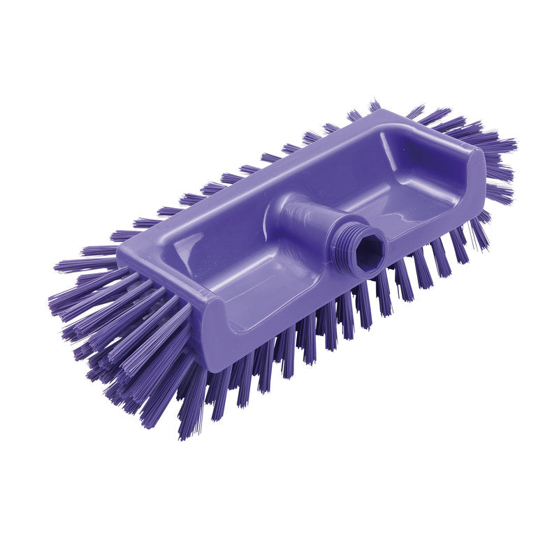Der ECKENSCHRUBBER ø0,50MM MITTEL von Haug Bürsten KG (320x125x40-50mm) ist ein violetter eckiger Schrubber mit festen Kantenborsten und zentralem Gewindeloch - ideal zur Reinigung schwer erreichbarer Ecken. Foto vor weißem Hintergrund.
