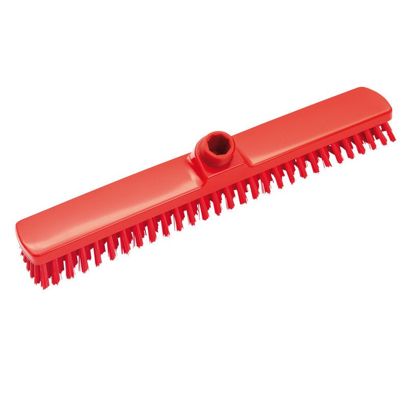 Une tête de balai rouge GROßRAUMWISCHER ø 0,50MM DUR 400X60X26MM de Haug Bürsten KG, avec des poils rigides et un trou central pour manche, idéale pour le nettoyage professionnel de grandes surfaces, illustrée sur fond blanc.