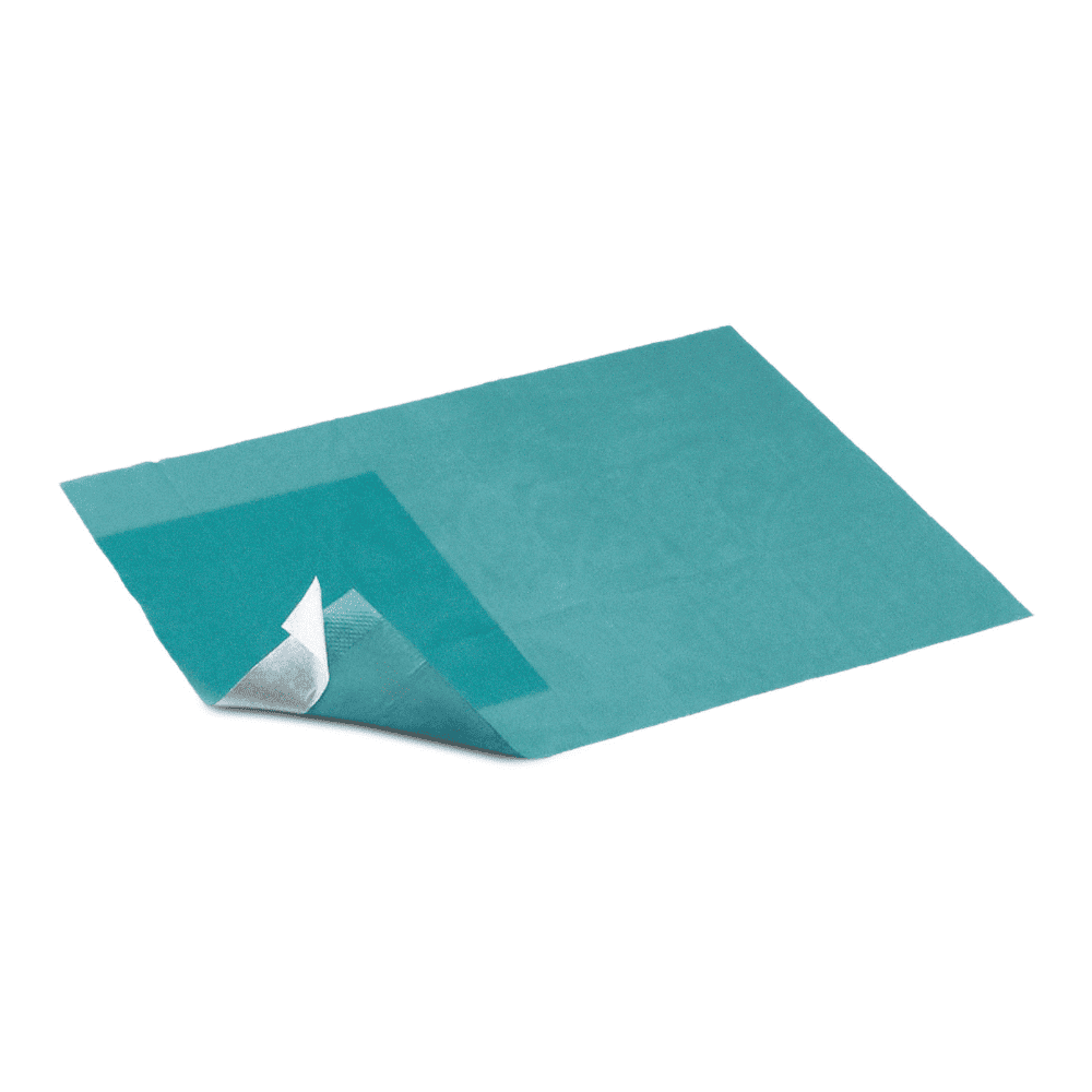 Een enkel steriel Hartmann Foliodrape® afdeklaken zelfklevend 50x50 cm van Paul Hartmann AG heeft een hoek losgetrokken, zodat de witte achterkant zichtbaar wordt. Het afdeklaken is op een witte achtergrond geplaatst. Verpakking: 90 stuks.