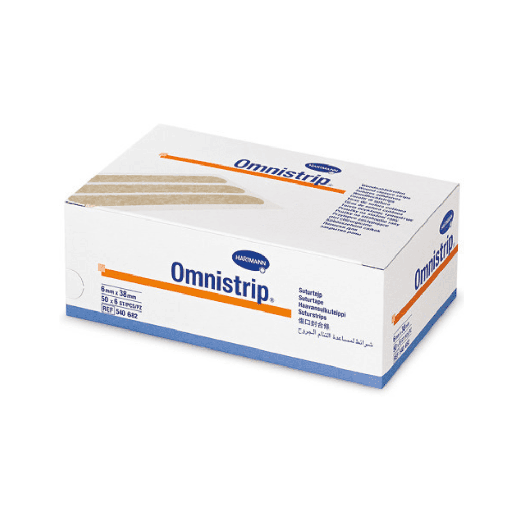 Een witte rechthoekige doos met het opschrift "Uitlopend artikel: Hartmann Omnistrip 6x38mm, 1x6St, P50 | Pak (300 stuks)" van Paul Hartmann AG, met blauwe en oranje accenten, toont Duitse informatie en een afbeelding van kleefstrips aan de bovenkant.