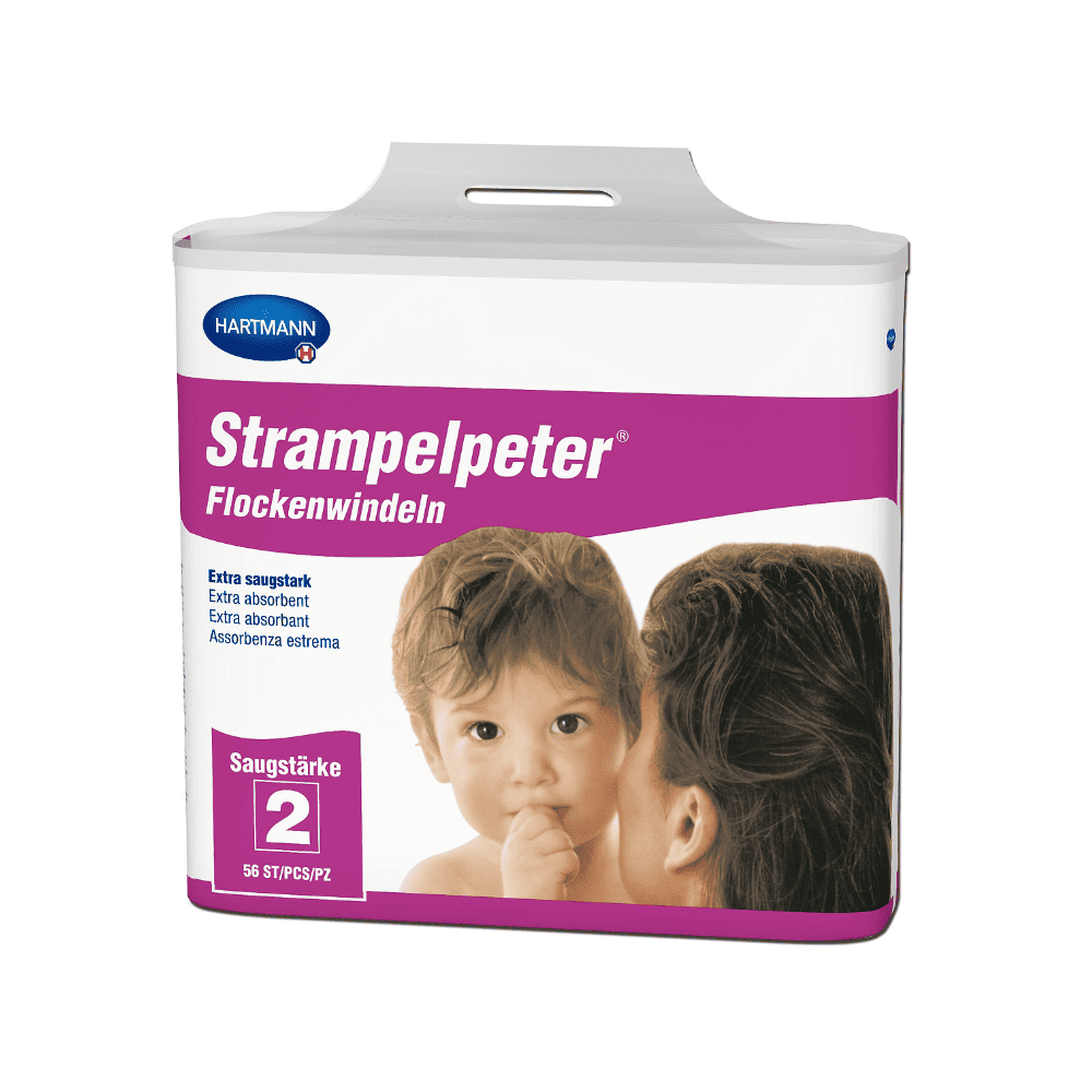 Een pak Hartmann Strampelpeter® vlokkenluiers - 56 stuks absorberende luiers met de afbeelding van een baby die het gezicht van een vrouw aanraakt. De tekst vermeldt "Maat 2" en bevat.