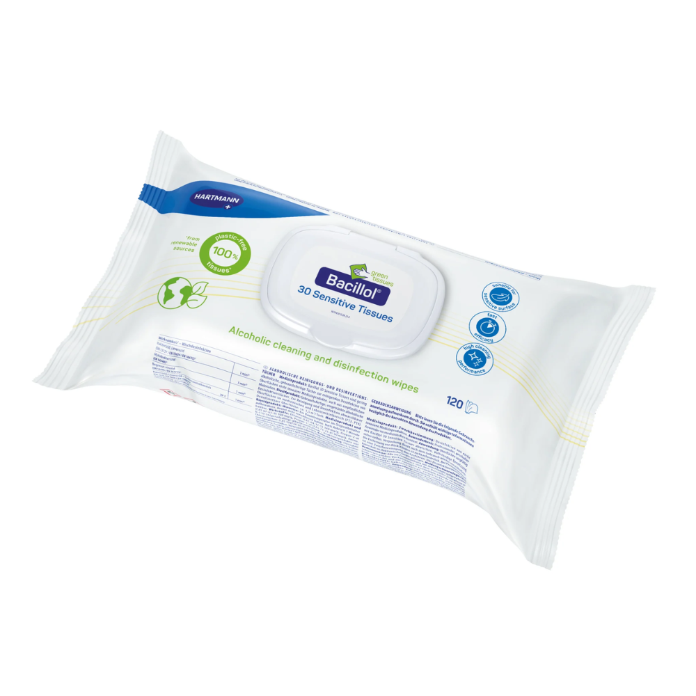 Un paquet de lingettes désinfectantes rapides Hartmann Bacillol® 30 Sensitive Green Tissues | Paquet (120 lingettes) de Paul Hartmann AG. L'emballage blanc présente des accents bleus et verts et contient un texte indiquant qu'il contient 120 lingettes nettoyantes et désinfectantes à base d'alcool, respectueuses de l'environnement. À l'avant, il y a une étiquette refermable avec des informations sur le produit.