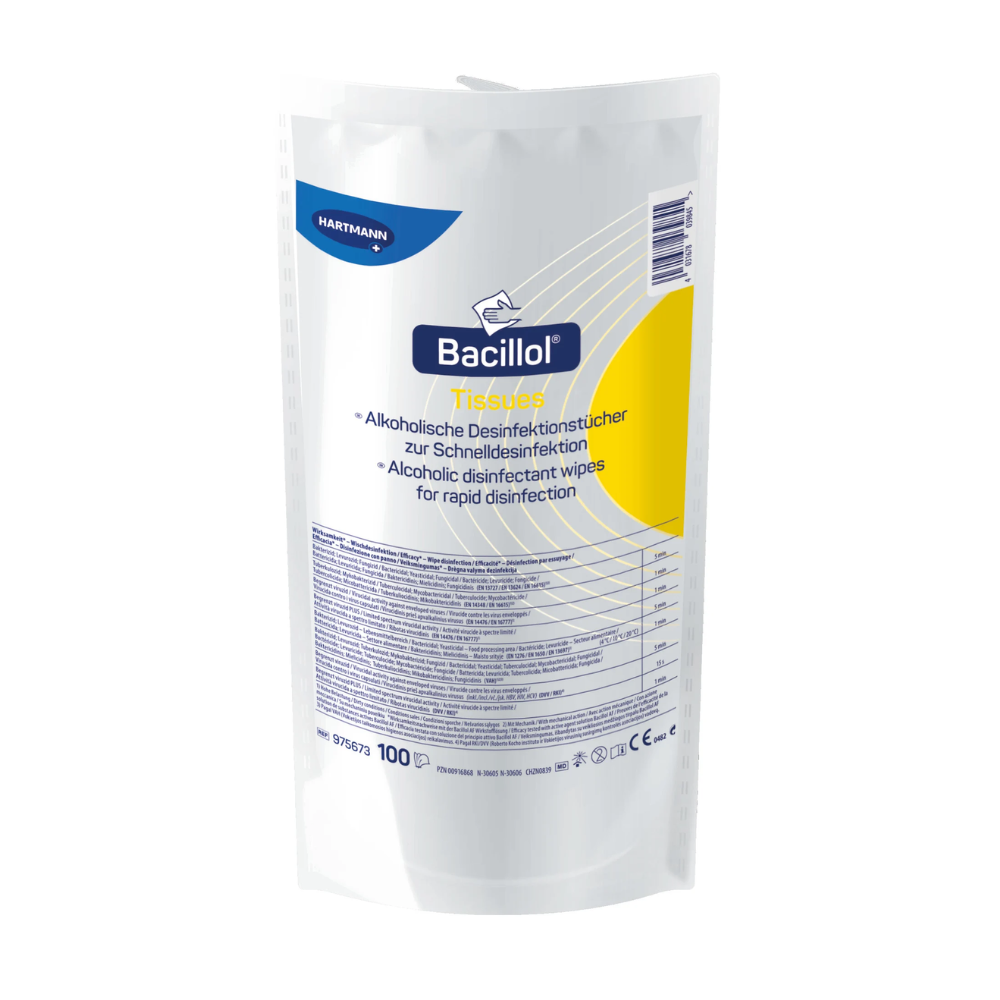 Un paquet blanc et bleu de lingettes désinfectantes Hartmann Bacillol® Tissues, des lingettes à base d'alcool, avec un texte décrivant les caractéristiques du produit. L'emballage est conçu pour une désinfection rapide et contient. Nom de la marque : Paul Hartmann AG