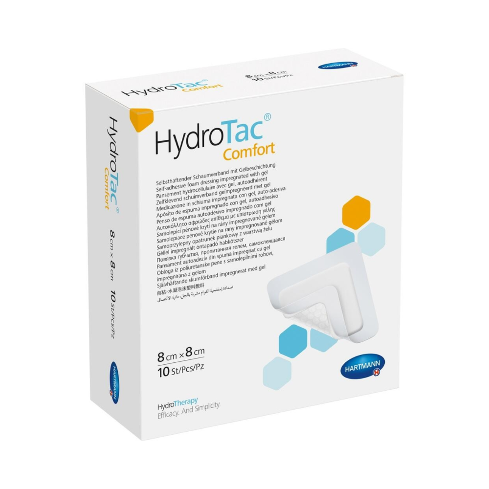 De Hartmann HydroTac Comfort 8x8cm wondverbanden zijn voorzien van meertalige tekst, een afbeelding van het wondverband op een blauwe achtergrond en het logo van de Paul Hartmann AG aan de onderkant. De verpakking bevat 10 stuks.