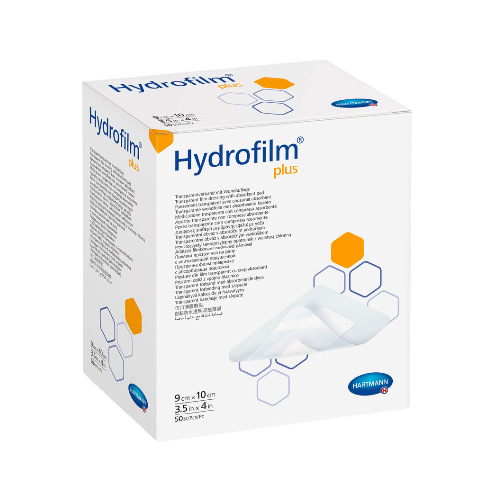 Een doosje met wondverbanden Hartmann Hydrofilm® Plus Transparantverband van Paul Hartmann AG, met producttekst en -details, gepresenteerd met een afbeelding van de verbanden aan de zijkant.