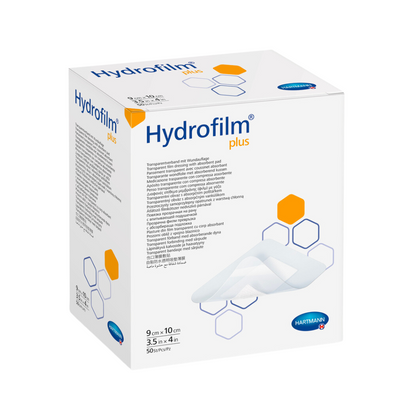 Een doosje met wondverbanden Hartmann Hydrofilm® Plus Transparantverband van Paul Hartmann AG, met producttekst en -details, gepresenteerd met een afbeelding van de verbanden aan de zijkant.