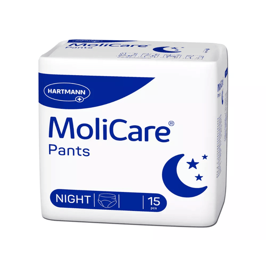 Les culottes d'incontinence Hartmann MoliCare Pants Night de Paul Hartmann AG sont disponibles dans un emballage discret blanc et bleu orné de croissants de lune et d'étoiles, ainsi que de l'inscription bien visible « Night ». Conçues pour l'incontinence urinaire, elles offrent une protection discrète et sont vendues par paquet de 15 pièces.