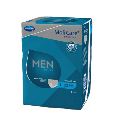 Verpakking van de Paul Hartmann AG Hartmann MoliCare® Premium MEN PANTS incontinentiebroekjes in maat Large, bevat 7 stuks. De blauwe verpakking met witte tekst benadrukt de anatomische pasvorm van het product en de discrete, eenvoudige bescherming tegen mannenblaaszwakte.