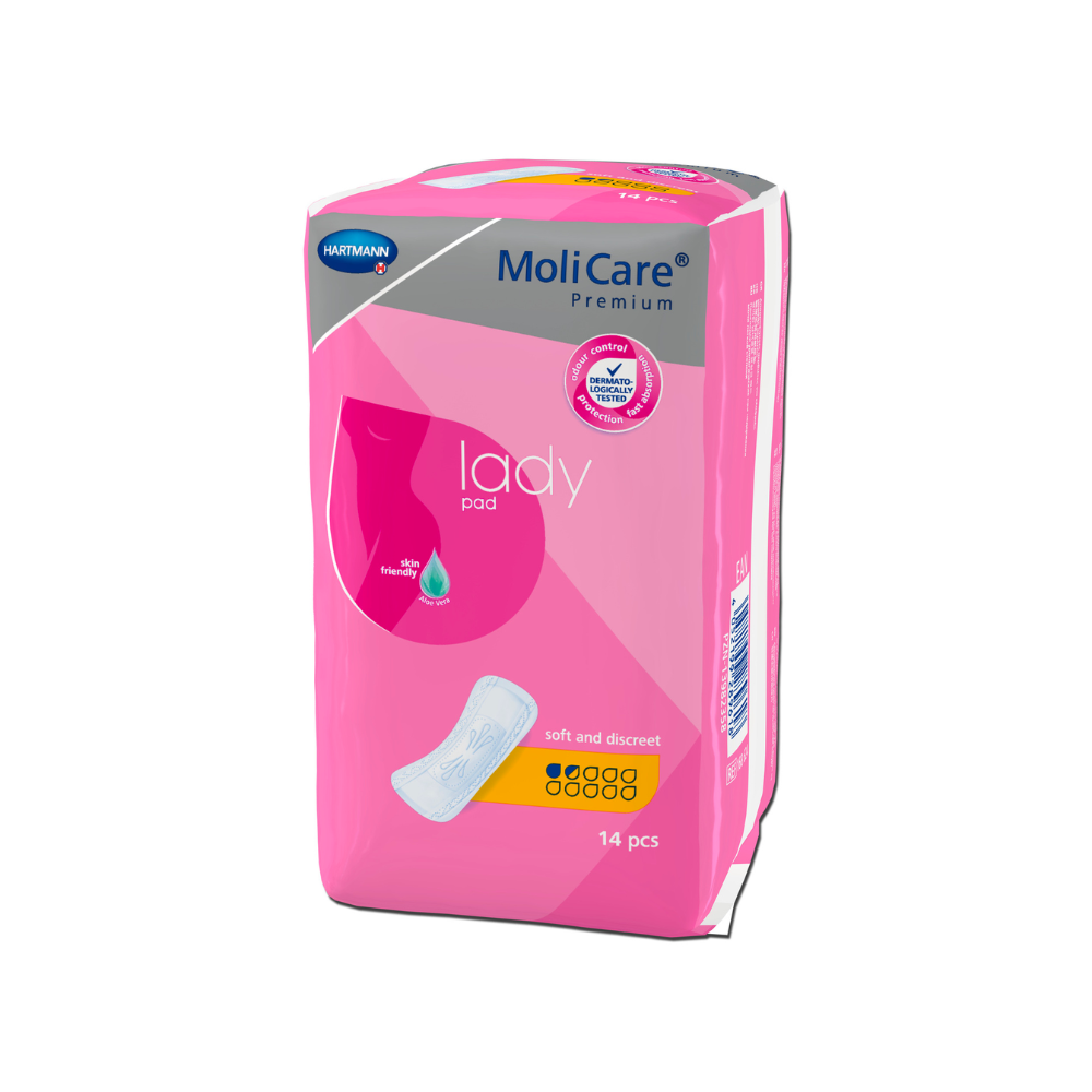 Afgebeeld is een pak Hartmann MoliCare® Premium lady pad inlegkruisjes van Paul Hartmann AG. De roze verpakking met witte en blauwe tekst toont de afbeelding van een inlegkruisje. Het bevat 14 stuks en kenmerkt zich door eigenschappen zoals zacht en discreet, ideaal bij lichte incontinentie.