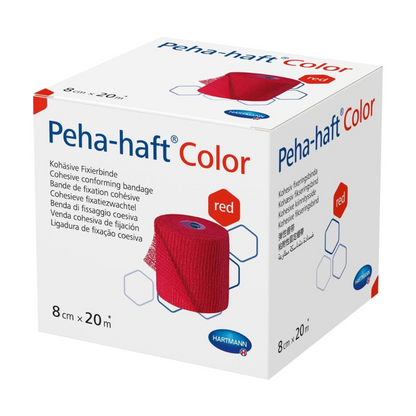 Carton avec Paul Hartmann AG Hartmann Peha-haft Color bande de fixation élastique, bleu bande de fixation cohésive, dimensions 8 cm x 20 m. L'emballage contient du texte multilingue et montre une
