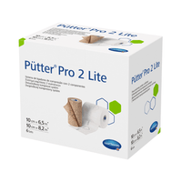 Un emballage pour le système de bandages de compression Hartmann Pütter® Pro 2 Lite, sur lequel figurent, sur fond blanc, des informations concernant les dimensions du produit et son utilisation. L'emballage est blanc, rehaussé de touches de bleu et de vert.