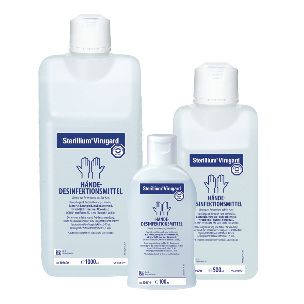Drie containers BODE Sterillium® Virugard handdesinfectiemiddel in verschillende maten (1000 ml, 500 ml en kleinere fles), versierd met blauw-witte etiketten, gerangschikt. Merknaam: Paul Hartmann AG.