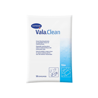 Un paquet de 50 gants de toilette jetables Hartmann Vala® Clean de la société Paul Hartmann AG, destinés aux soins corporels. Le paquet est blanc et bleu et comporte un texte multilingue décrivant le produit ainsi que des symboles indiquant son utilisation.