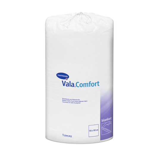 Een verzegelde witte rol Hartmann Vala®Comfort-instapdekens van Paul Hartmann AG, afgebeeld op een witte achtergrond. Op het etiket staan productgegevens en afmetingen (155 x 210 cm).