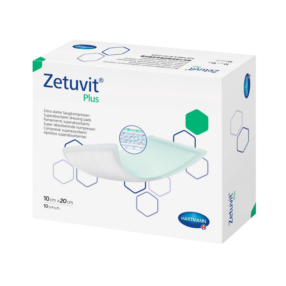 Een doos Hartmann Zetuvit® Plus Superabsorber-wondverbanden van Paul Hartmann AG met tien pads van de grootte 10 x 20 cm, met de afbeelding van een pad op de doos.