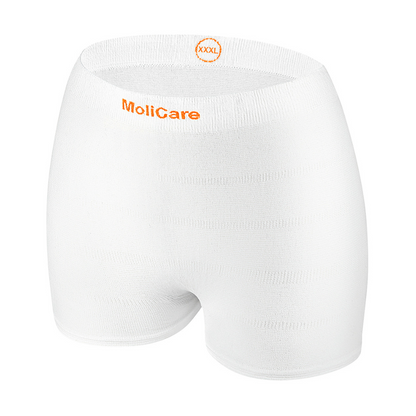 Een paar witte Hartmann MoliCare® Fixpants netbroeken van Paul Hartmann AG, hoog getailleerd met „MoliCare“ en „XXXL“ in oranje op de band, ideaal voor het bevestigen van incontinentie-inleggers, afgebeeld voor een eenvoudige witte achtergrond.