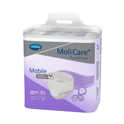 Een verpakking Hartmann MoliCare® Premium Mobile incontinentiebroekjes van Paul Hartmann AG in de maat XL, met 14 stuks inhoud. De verpakking is paars en wit en benadrukt comfort en huidvriendelijkheid.