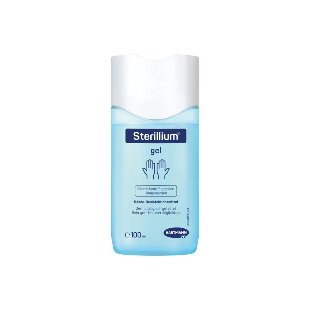 Le gel désinfectant pour les mains Sterillium® de Paul Hartmann AG arbore une étiquette bleue avec des mains bordées de blanc et un texte sur la formule douce pour la peau. La bouteille de 100 ml est idéale pour la désinfection hygiénique des mains et assure une protection en déplacement.