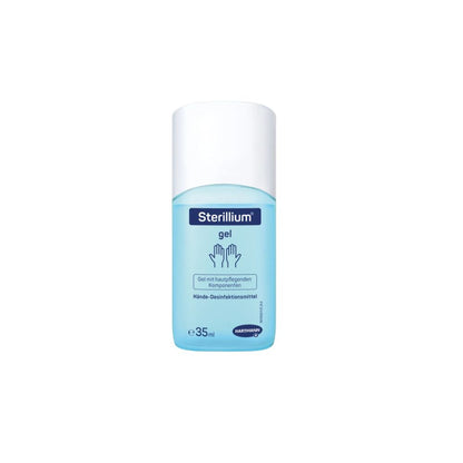 Cette bouteille de 35 ml de gel désinfectant pour les mains Sterillium® de Paul Hartmann AG a une étiquette bleue et un bouchon blanc avec un texte non anglais et le logo Hartmann avec deux mains dessinées, en signe de l'engagement de l'entreprise pour la désinfection hygiénique des mains.