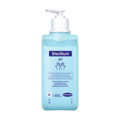 Illustrée est une bouteille pompe de 500 ml avec le gel désinfectant pour les mains Sterillium® de Paul Hartmann AG. La bouteille bleu clair avec une étiquette blanche porte le texte en allemand et en français pour « désinfection hygiénique des mains » et montre le nom de la marque ainsi qu'une paire de mains au-dessus du texte.