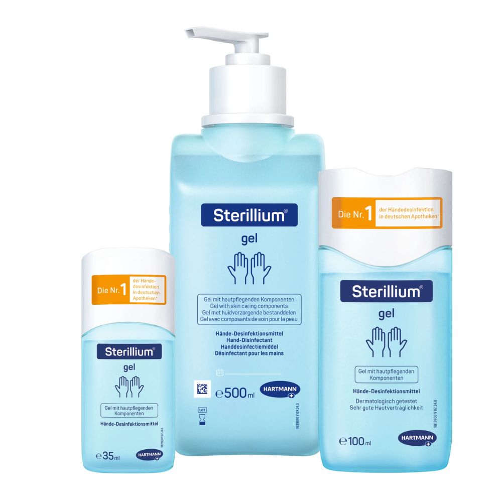 Le gel désinfectant pour les mains Sterillium® de Paul Hartmann AG est disponible en trois tailles de bouteilles - 35 ml, 500 ml et 100 ml - toutes avec une étiquette bleue avec du texte blanc et un symbole de main. Il est idéal pour la désinfection hygiénique des mains et est populaire dans les pharmacies allemandes.