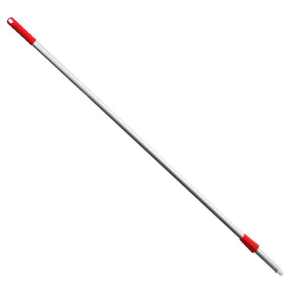 Le manche à balai Haug Alustiel 1450 mm ø 25MM de Haug Bürsten KG en tube d'aluminium anodisé a une pointe rouge et un raccord rouge. Il dispose d'un trou de suspension et répond aux exigences standard HACCP pour la sécurité et la qualité. Il est présenté sur un fond blanc et est disponible en différentes couleurs.
