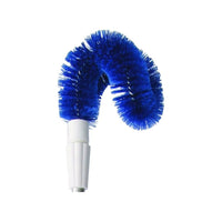 De Haug-buitenbuisborstel PBT Blauw Zacht 190 x Ø65 is voorzien van een blauwe, gebogen reinigingsborstel met dichte PBT Blauw Zacht-borstelharen, bevestigd aan een witte handgreepvoet van Haug Bürsten KG.